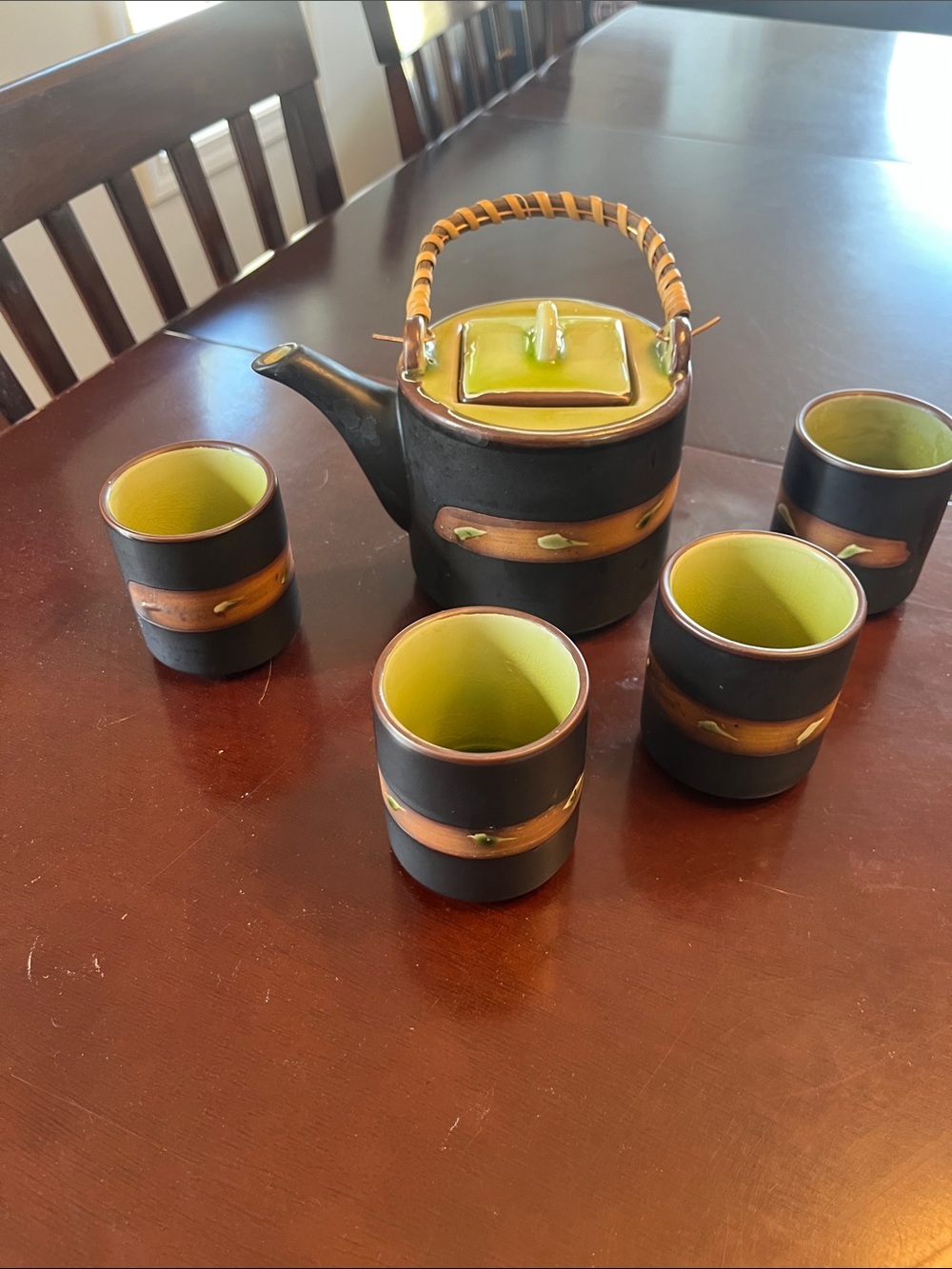 Vintage Ceramic Tea Set Teapot & 4 Cups Rustic Bamboo Handle Black Green Pottery